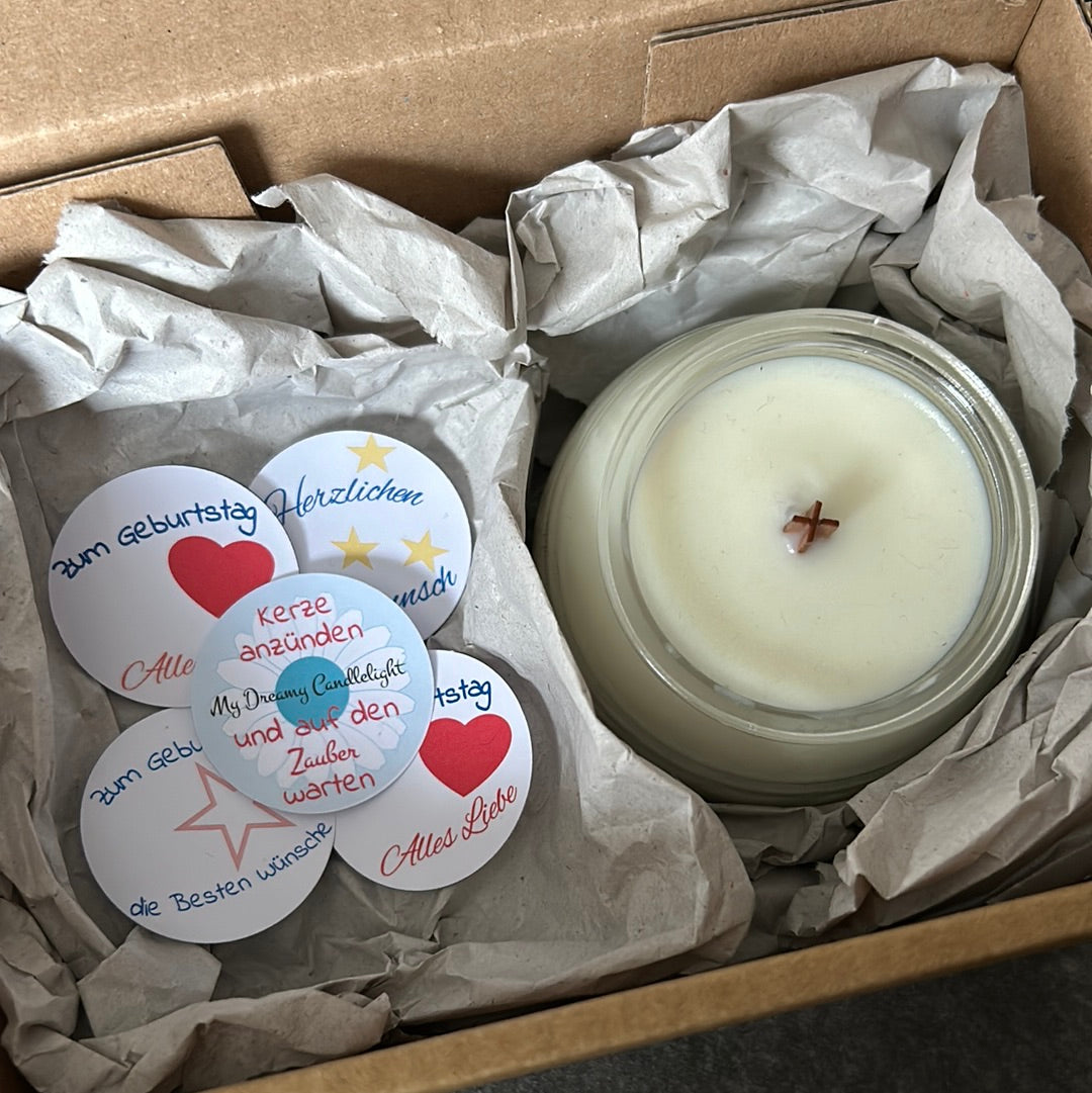 Geschenk-Set Kerze - Ohne Duft - mit Farbauswahl - Kerze & 4er Set Teelicher mit Botschaft