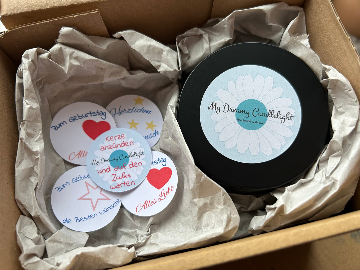 Geschenk-Set Kerze - Ohne Duft - mit Farbauswahl - Kerze & 4er Set Teelicher mit Botschaft